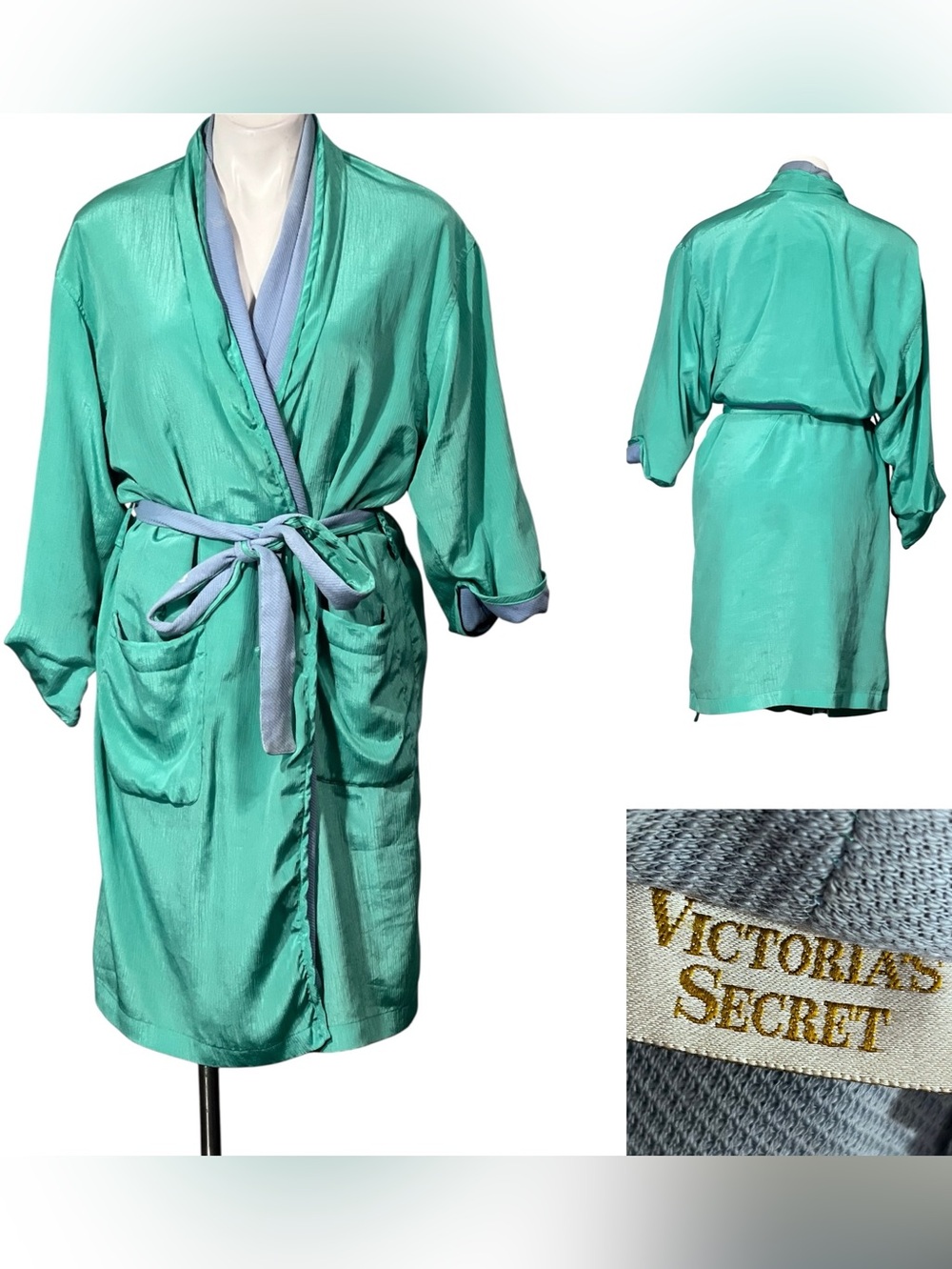 Vtg‎ Victoria's Secret robe green/blue w/ belt One size XL/1X loungewear spa day